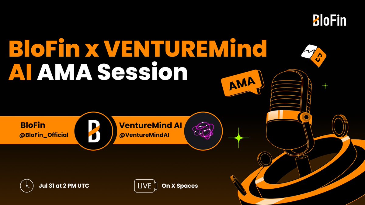 Join the BloFin x <a href="/VentureMindAI/">VentureMind AI</a> AMA for a chance to win free NFT rewards! 🥳
 
VentureMind AI is launching the first conversational AI agents powered by NFTs that can: Host Spaces in multiple languages, manage your X account, and more.

⏰ July 31 at 2 PM UTC
📍 Set your