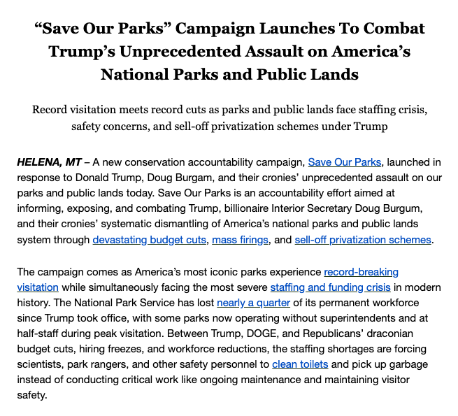 there's a new public lands accountability campaign on the block

Save Our Parks to "combat Trump's unprecedented assault on America's national parks and public lands"  

the campaign is spearheaded by Jayson O’Neill, formerly of the Western Values Project and Accountable