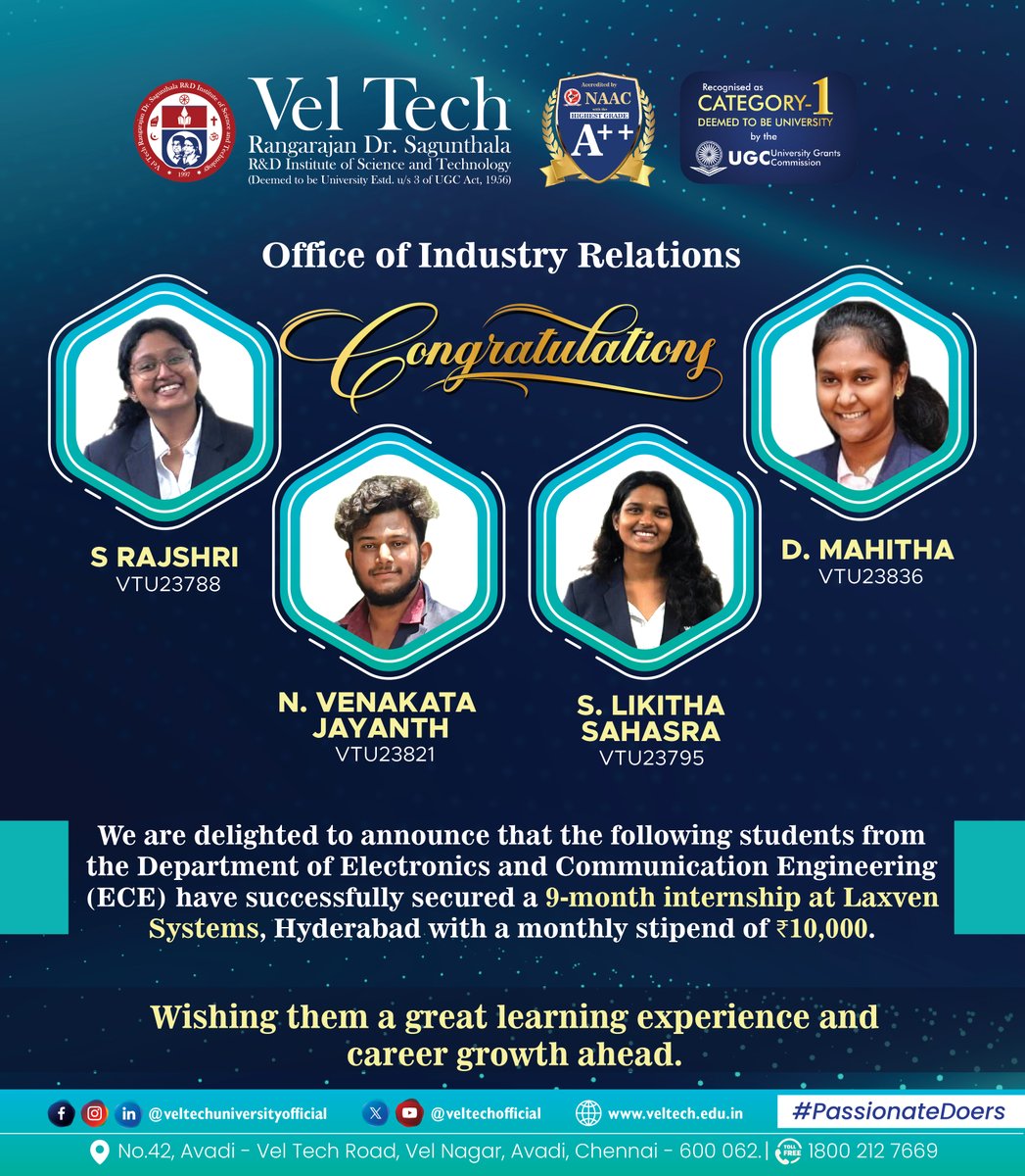 veltechofficial's tweet image. Big Cheers to Our Vel Tech&apos;s ECE Interns.

Kudos to:  
🔹 S Rajshri  
🔹 N. Venkata Jayanth  
🔹 S. Likitha Saharaa  
🔹 D. Mahitha  

Wishing them an enriching learning experience and a bright career ahead!

#VelTechUniversity #VelTechAvadiChennai #EngineeringWithImpact