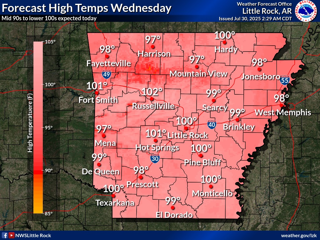 PulaskiAR's tweet image. 🔥 Pulaski County Weather Update 🔥
We're in for another scorching day with highs around 100°F and a heat index well into the triple digits. Plus, be on the lookout—pop-up thunderstorms are possible this afternoon. ⛈️
#PulaskiCountyWeather #SummerSafety #PopUpStormAlert