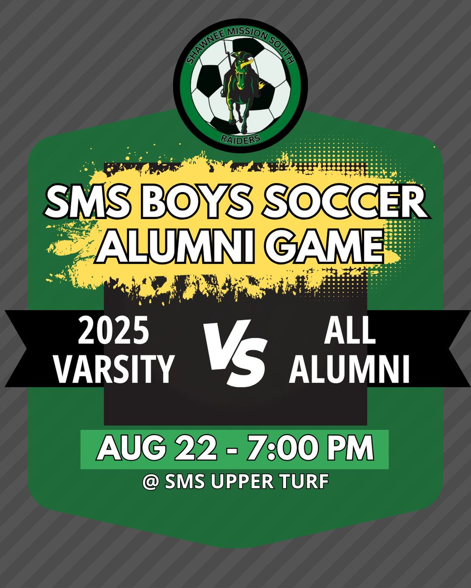 Excited to continue on the tradition of our annual alumni game on August 22nd!! It will be at 7:00 p.m. on Friday Night at the upper turf field. Please share with all your alumni friends as all SMS Boys Soccer alumni is welcome!!!