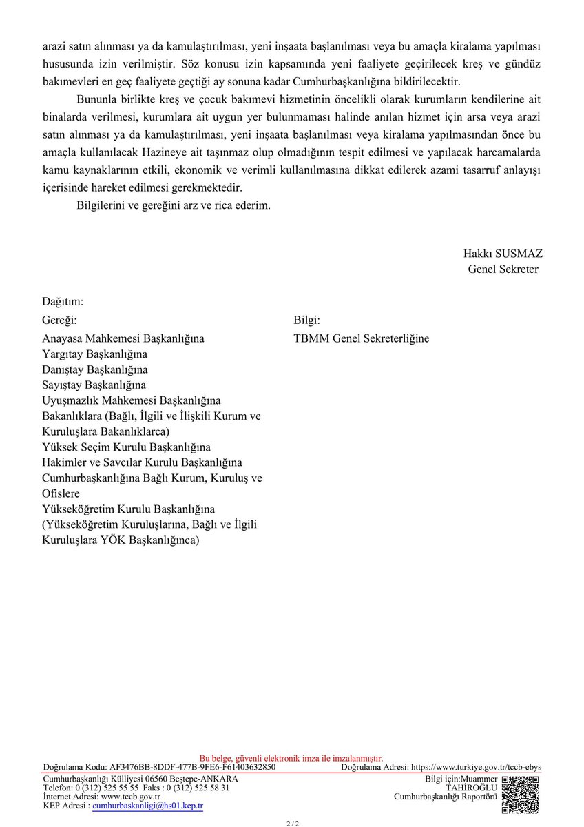 Doğurganlık oranlarını arttırmak, aile kurumunu güçlendirmek ve sağlıklı nesillerin yetişmesi için bugün çok önemli bir adımı daha hayata geçiriyoruz.

Cumhurbaşkanlığı tarafından kamu kurum ve kuruluşlarına gönderilen resmi yazıyla; kamu kurumlarında kreş ve gündüz