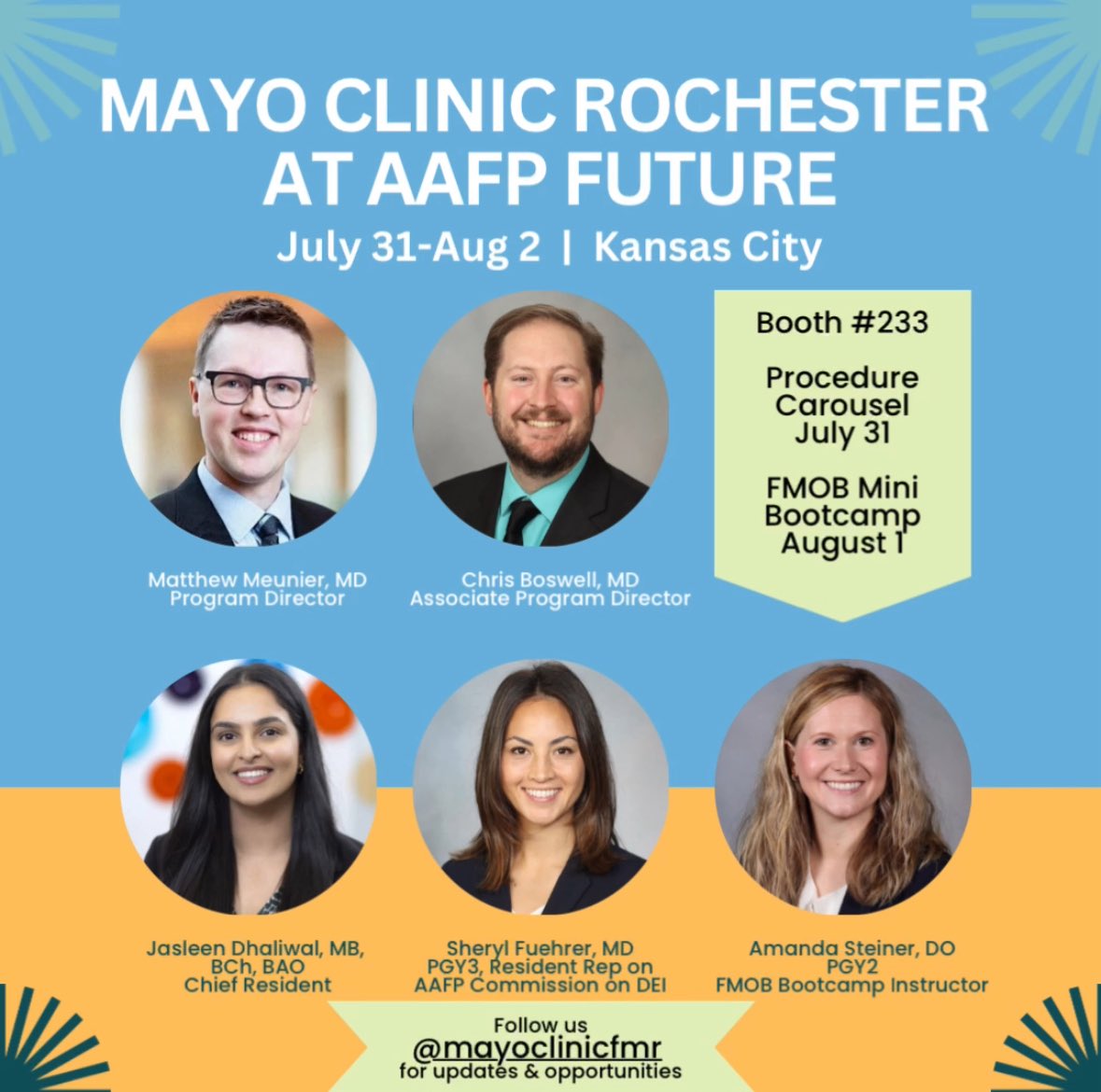 🌟Our team is stoked for #aafpfuture 🌟 

🗣️Chat with PD &amp; Chief at booth #233!
💉Learn procedures from APD &amp; faculty
🤰🏽OB skills from residents &amp; faculty
👀Follow us for updates

<a href="/futurefamilymed/">Future Family Medicine (AAFP)</a> <a href="/SNMA/">Student National Medical Association, Inc (SNMA)</a> <a href="/LmsaNational/">LMSA National</a> @AAFP_FMIG <a href="/FamilyMed_app/">The Family Medicine Applicant</a> <a href="/FMMidwest/">FamilyMedMidwest</a> <a href="/aafp/">AAFP</a> <a href="/Inside_TheMatch/">Inside The Match</a>