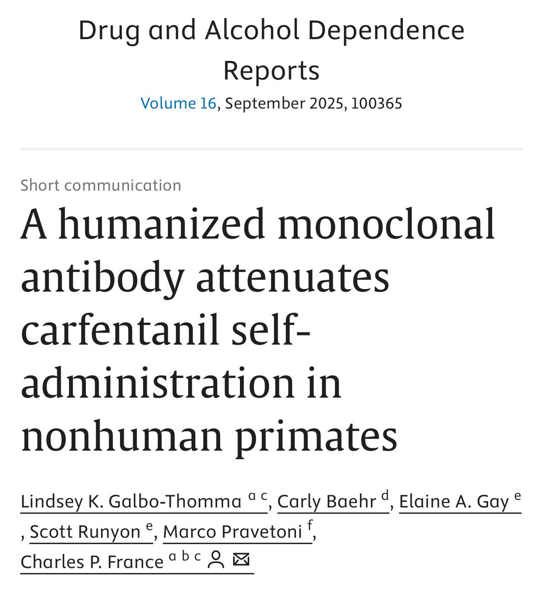 Our new *short report* was just published &amp; shows that a monoclonal antibody previously shown to attenuate the effects of fentanyl had cross-reactivity for carfentanil in 2 NHPs. This was especially interesting because the mAb had little relative affinity for carfent in vitro.
