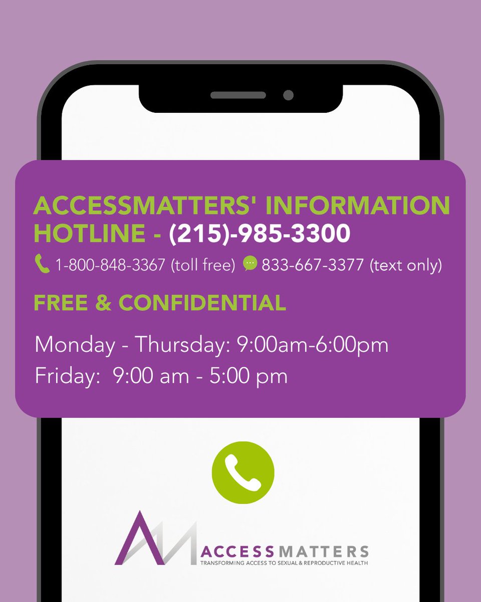 #AccessMatters’ Information Hotline is the source where you can get so many of your reproductive healthcare questions answered! #CallUs at 215-985-3300 or text at 833-667-3377! You can also check out the Health Information page on our website - accessmatters.org/why-we-matter/…