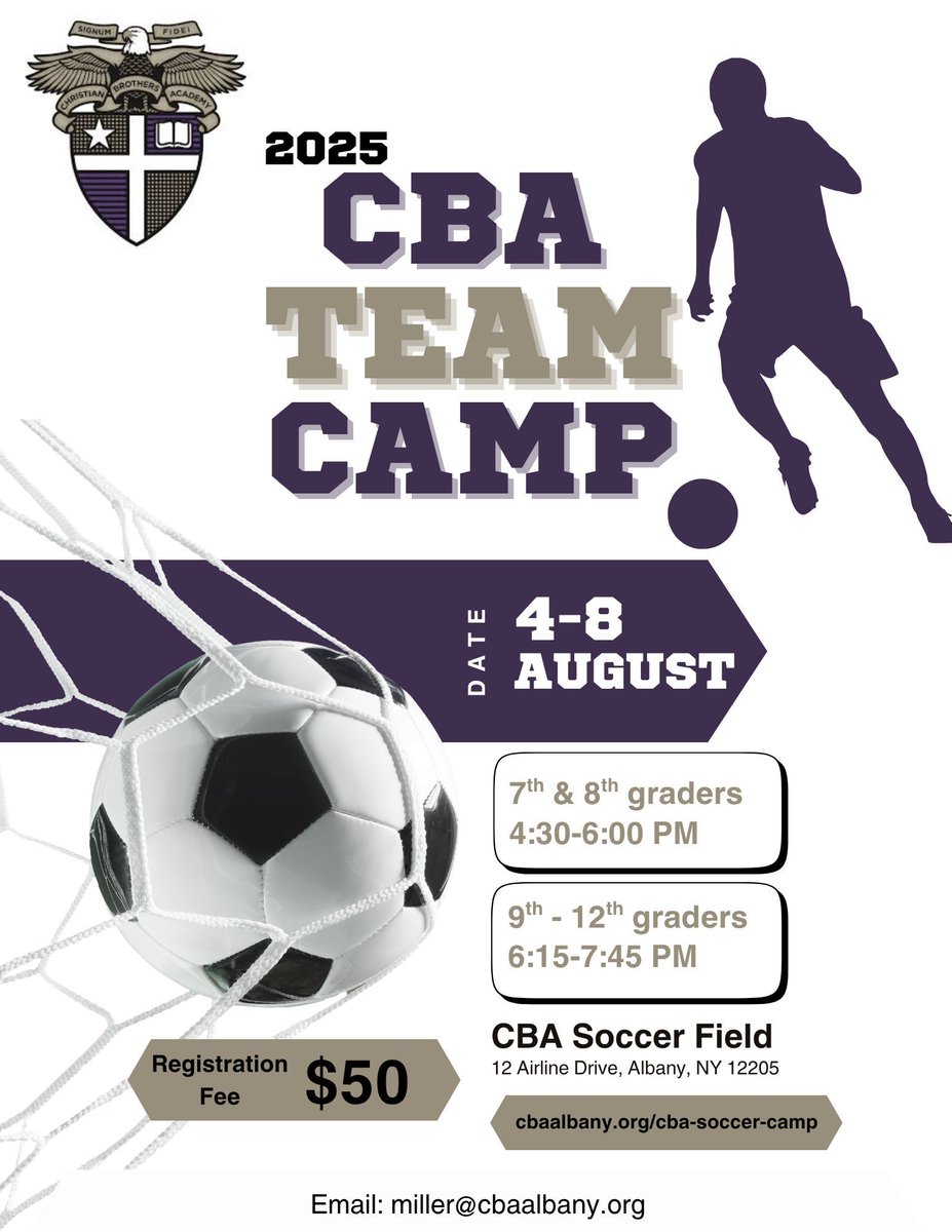 There's still time to register for the upcoming CBA Soccer Camp, August 4th -8th, open to boys at the varsity, JV and modified levels! Visit cbaalbany.org/cba-soccer-camp to sign up and for more details. Contact Coach Miller, miller@cbaalbany.org, with any questions. Go Brothers!
