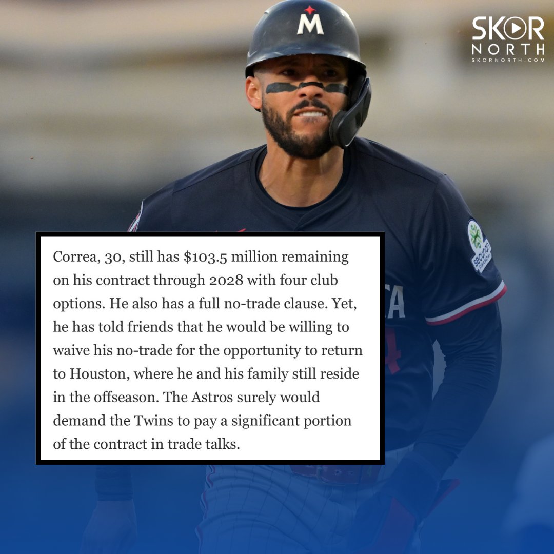 #MNTwins SS Carlos Correa is willing to waive his no-trade clause to return to the Houston Astros, according to Bob Nightengale of USA TODAY.