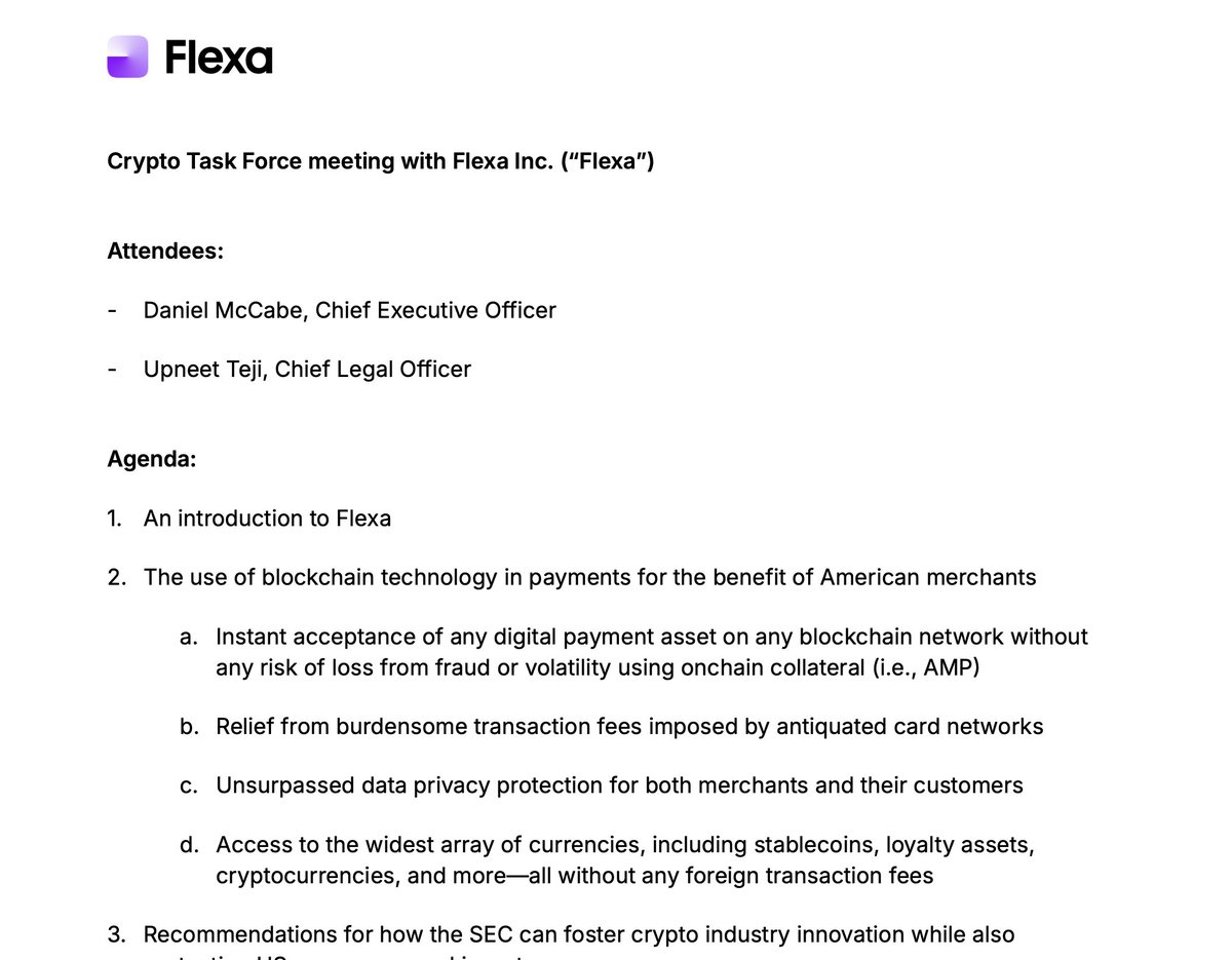 Glass Meadow (@werglassmeadow) on Twitter photo $AMP family:
<a href="/dannymccb/">Daniel McCabe</a> and <a href="/realupneet/">Upneet Teji</a> both represented <a href="/FlexaHQ/">Flexa</a> in their meeting with the SEC's Crypto Task Force yesterday.
See attached document before on what was discussed.
As Daniel said, Flexa is leading the way from the front. $AMP family:
<a href="/dannymccb/">Daniel McCabe</a> and <a href="/realupneet/">Upneet Teji</a> both represented <a href="/FlexaHQ/">Flexa</a> in their meeting with the SEC's Crypto Task Force yesterday.
See attached document before on what was discussed.
As Daniel said, Flexa is leading the way from the front.