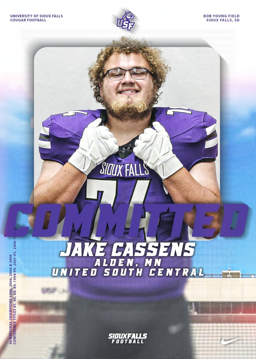 Jake Cassens (@samedal79654) on Twitter photo Very proud to announce my commitment to the University of Sioux Falls. Time to work! #GoCoo
<a href="/NWahlScouting/">Nate Wahl</a> <a href="/j_schlichte/">Jay Schlichte</a> <a href="/USFCougarsFB/">USF Football</a> <a href="/PrepRedzoneMN/">Prep Redzone Minnesota</a> <a href="/KoltBullerman/">Kolt Bullerman</a> Very proud to announce my commitment to the University of Sioux Falls. Time to work! #GoCoo
<a href="/NWahlScouting/">Nate Wahl</a> <a href="/j_schlichte/">Jay Schlichte</a> <a href="/USFCougarsFB/">USF Football</a> <a href="/PrepRedzoneMN/">Prep Redzone Minnesota</a> <a href="/KoltBullerman/">Kolt Bullerman</a>