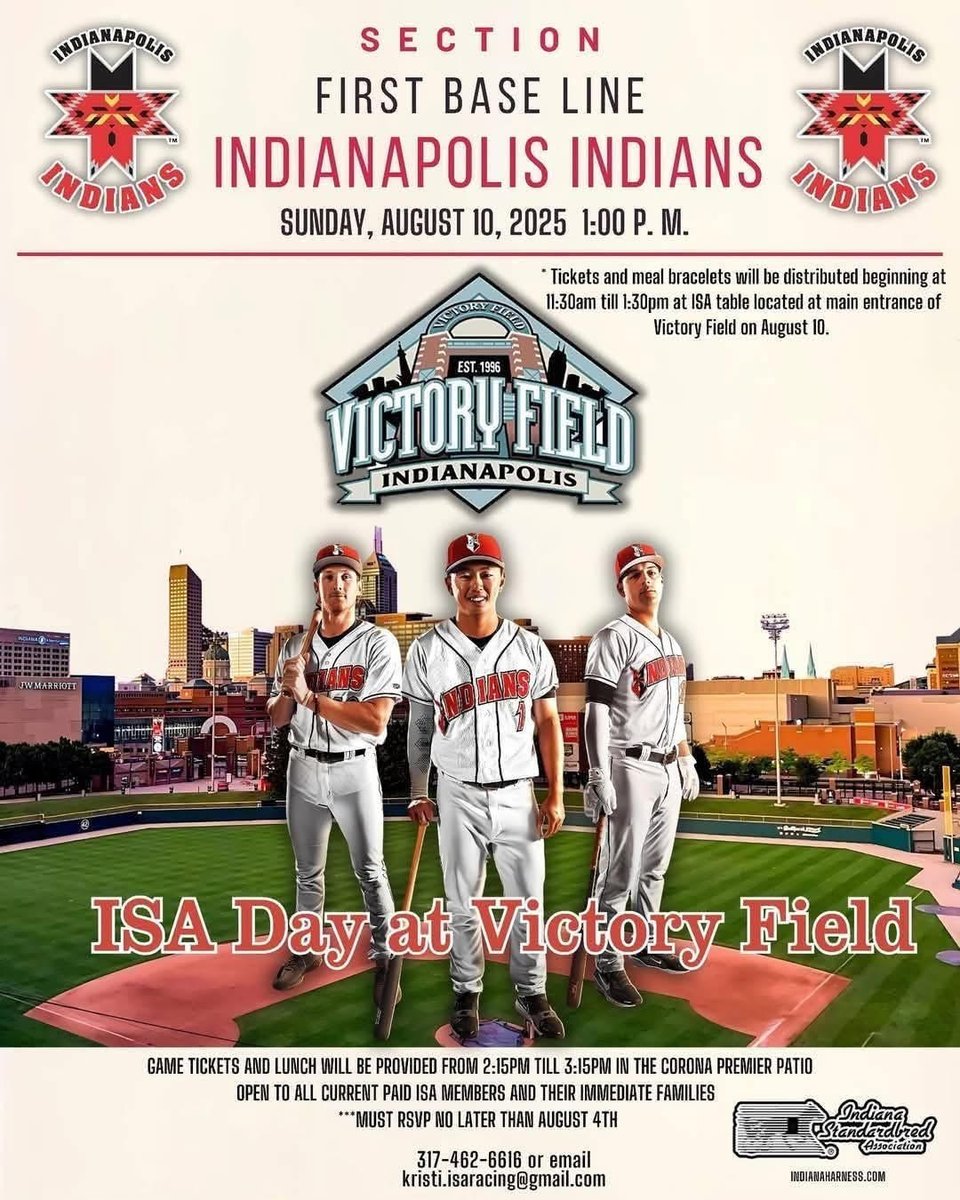 Indiana Harness (@indianaharness) on Twitter photo ISA REMINDER: The deadline to RSVP for ISA Day at Victory Field is Monday, August 4. Please call the ISA office at 317-462-6616 or email kristi.isaracing@gmail.com. See flyer attached for more information. ISA REMINDER: The deadline to RSVP for ISA Day at Victory Field is Monday, August 4. Please call the ISA office at 317-462-6616 or email kristi.isaracing@gmail.com. See flyer attached for more information.