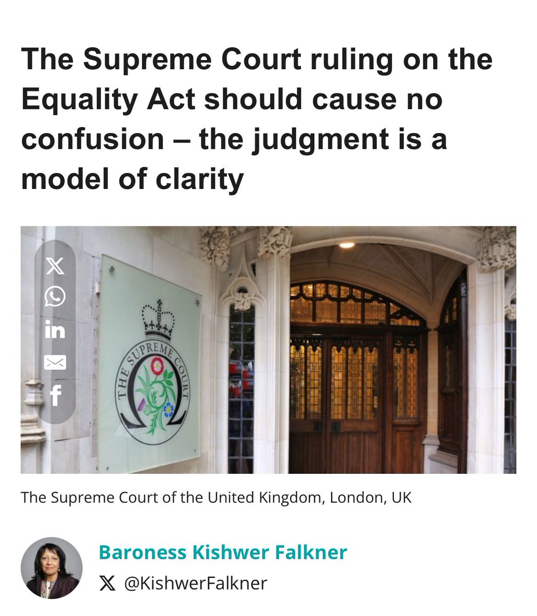‘The unambiguous ruling of the Supreme Court has clarified what the law is. The law it sets out is effective immediately. Those with duties under the Equality Act should be following it and taking specialist legal advice where necessary’

<a href="/KishwerFalkner/">Kishwer Falkner</a>