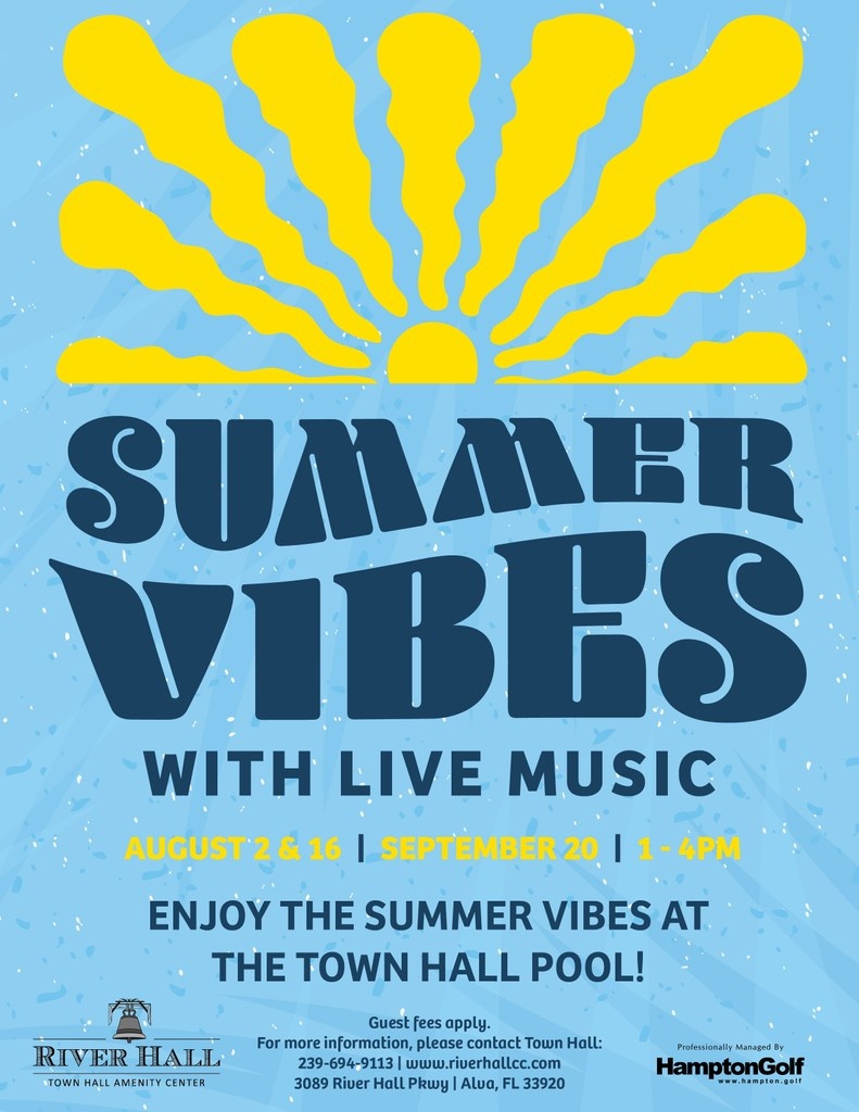 RiverHallCC's tweet photo. ☀️Enjoy the summer vibes &amp; 🎶live music at the Town Hall Pool!

𝐃𝐀𝐓𝐄𝐒: AUGUST 2 &amp; 16 | SEPTEMBER 30
⌚ 1 - 4PM

Guest fees apply. For more information, please contact Town Hall: 239-694-9113 | https://t.co/6PnxGNiGzF https://t.co/hMYfXsiwVd