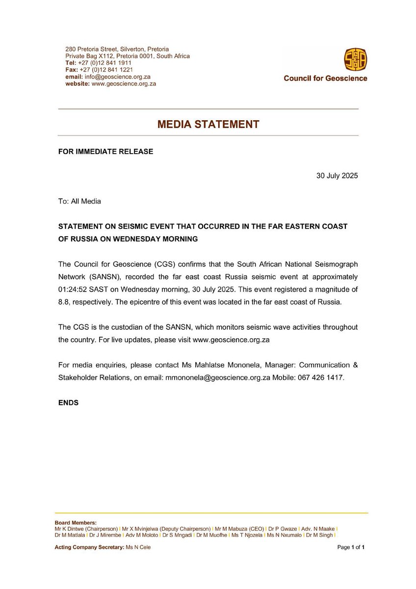 Statement on seismic event that occurred in the Far Eastern Coast of Russian on Wednesday morning #seismicevents