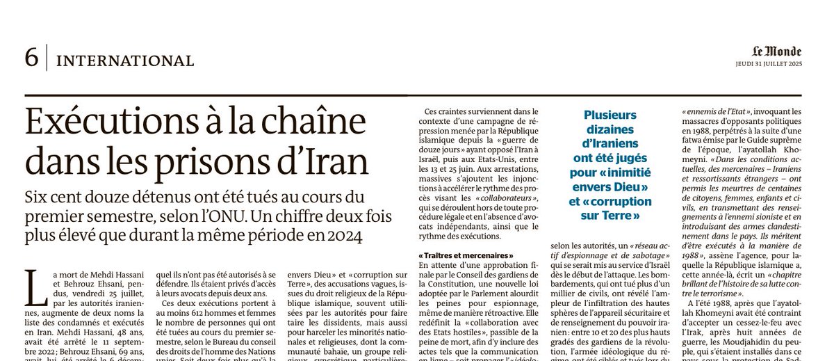 Elle est où la gauche qui hurlait au viol du droit international lorsqu'Israël et les Etats-Unis bombardaient l'Iran? Ils sont où les tweets indignés de LFI et des écolos en particulier? J'imagine que des musulmans qui pendent d'autres musulmans, c'est conforme au droit dans la