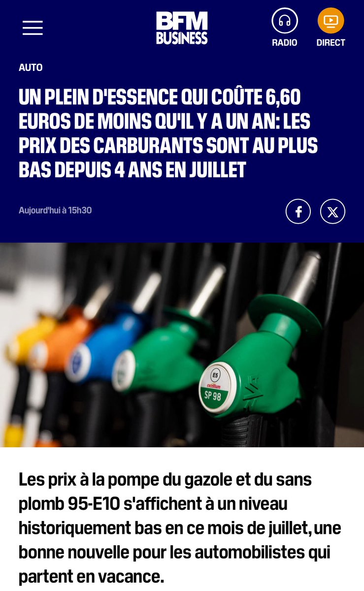 Lycrem3's tweet photo. ➡️Encore la faute à Macron, c’est insupportable ! 😡

Le plein d’essence coûte quasiment 7€ de moins qu’il y’a 1 an et son prix est plus bas depuis 4 ans sur le mois de Juillet.😡😡

Vivement Marine Le Pen et Jean-Luc Mélenchon pour arrêter cela ! 😡 https://t.co/9g5dlipiRu
