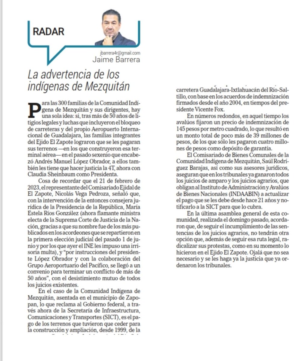 Gabriel Ibarra (@bourjack) on Twitter photo Las advertencias de la Comunidad Indígena de Mezquitan ante el incumplimiento de la <a href="/SICTmx/">SICT México</a> de adeudo desde hace 21 años, escribe <a href="/jbarrera4/">Jaime Barrera</a>
(Informador) Las advertencias de la Comunidad Indígena de Mezquitan ante el incumplimiento de la <a href="/SICTmx/">SICT México</a> de adeudo desde hace 21 años, escribe <a href="/jbarrera4/">Jaime Barrera</a>
(Informador)