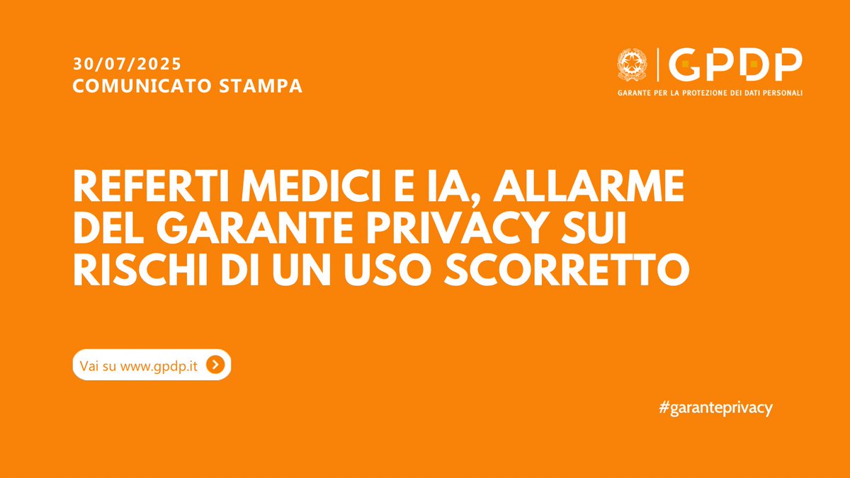 Allarme del #GarantePrivacy sulla sempre più diffusa prassi di caricare analisi cliniche, radiografie e altri referti medici sulle piattaforme di #IntelligenzaArtificiale generativa, chiedendo interpretazioni e diagnosi gpdp.it/home/docweb/-/…