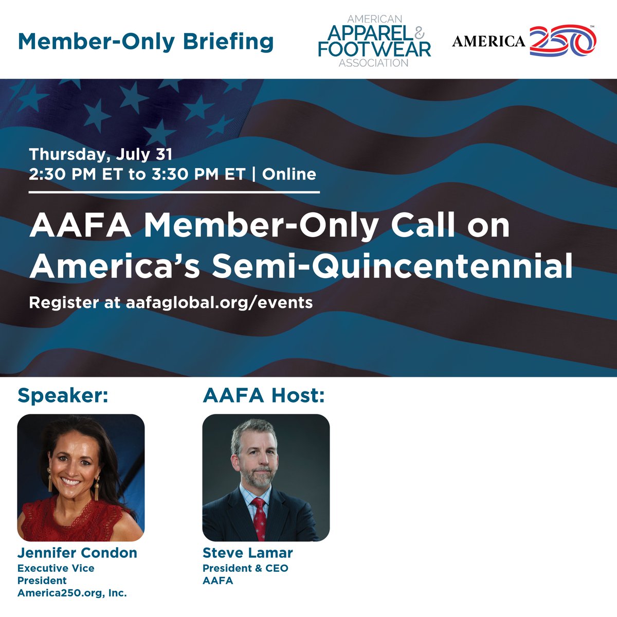 AAFA (@apparelfootwear) on Twitter photo Last chance to register! Tomorrow at 2:30 PM ET, join AAFA for a #SemiQuincentennial Member Briefing with Jennifer Condon of <a href="/America250/">America250</a>! It's time to think ahead about weaving elements through 2026 operations & communications: bit.ly/3IGMDnj #America250Â #250YearsStrong Last chance to register! Tomorrow at 2:30 PM ET, join AAFA for a #SemiQuincentennial Member Briefing with Jennifer Condon of <a href="/America250/">America250</a>! It's time to think ahead about weaving elements through 2026 operations & communications: bit.ly/3IGMDnj #America250Â #250YearsStrong