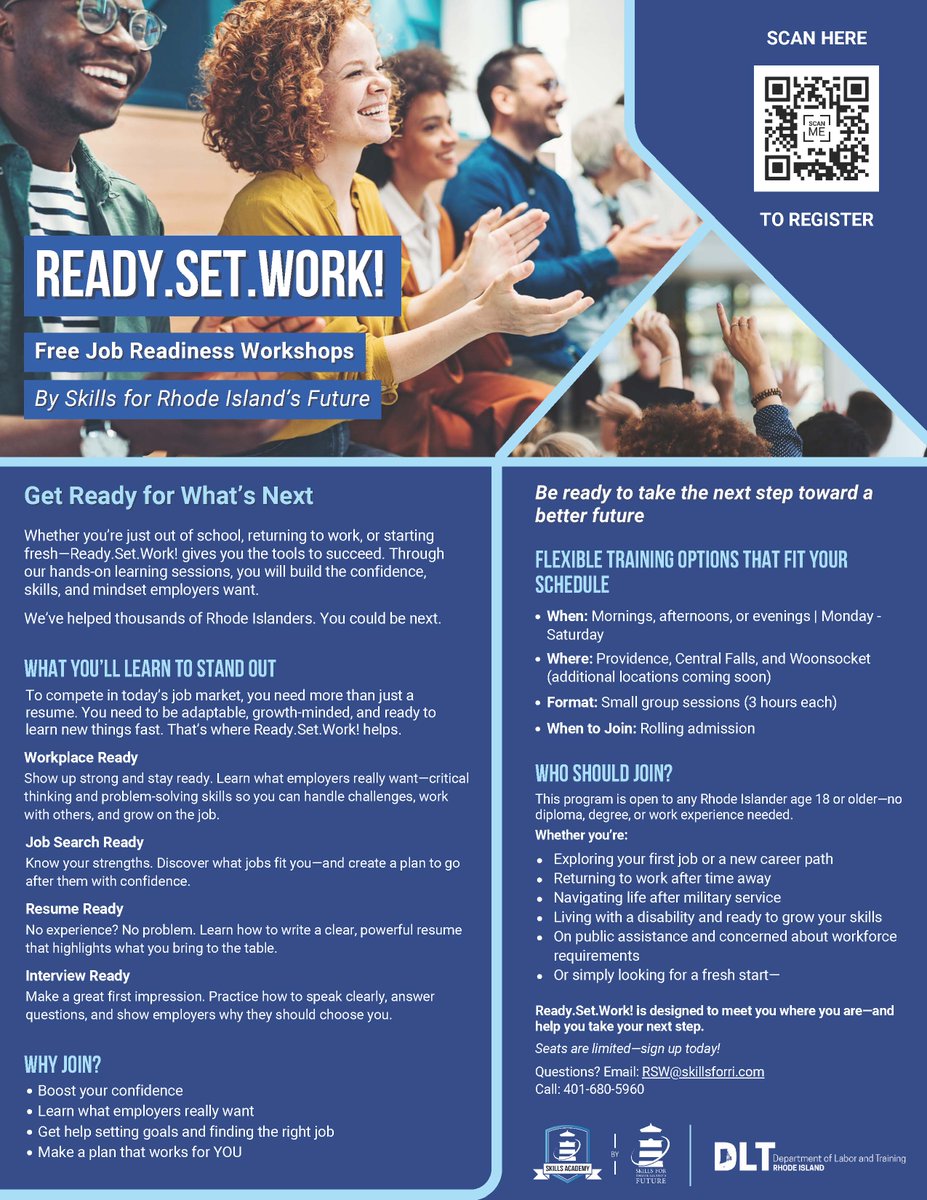 Ready to land your next job?

<a href="/SkillsforRI/">SkillsRI</a>'s READY. SET. WORK! offers FREE job readiness workshops in RI—no experience or diploma needed!

-Flexible schedules | Boost your skills
-Providence | Central Falls | Woonsocket

Sign up now: bit.ly/RSWRegister

#DLTWorks #RIJobs