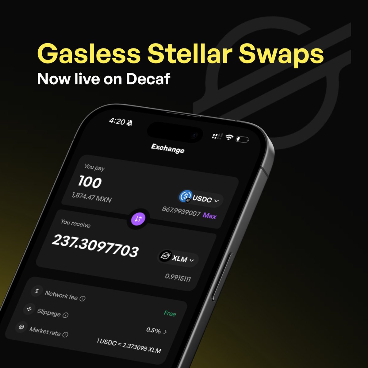Decaf_so's tweet photo. No $XLM? No problem.

Stellar swaps on Decaf are now LIVE and GASLESS. https://t.co/LQFMQfKeoW