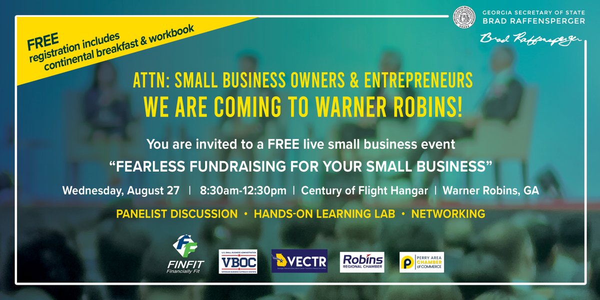 Join us for a FREE Small Business event packed with decades of expert knowledge to help grow your business and support your path to entrepreneurship. 

FIN FIT is coming to Warner Robins on August 27th!

Register today: sos.ga.gov/fin-fit