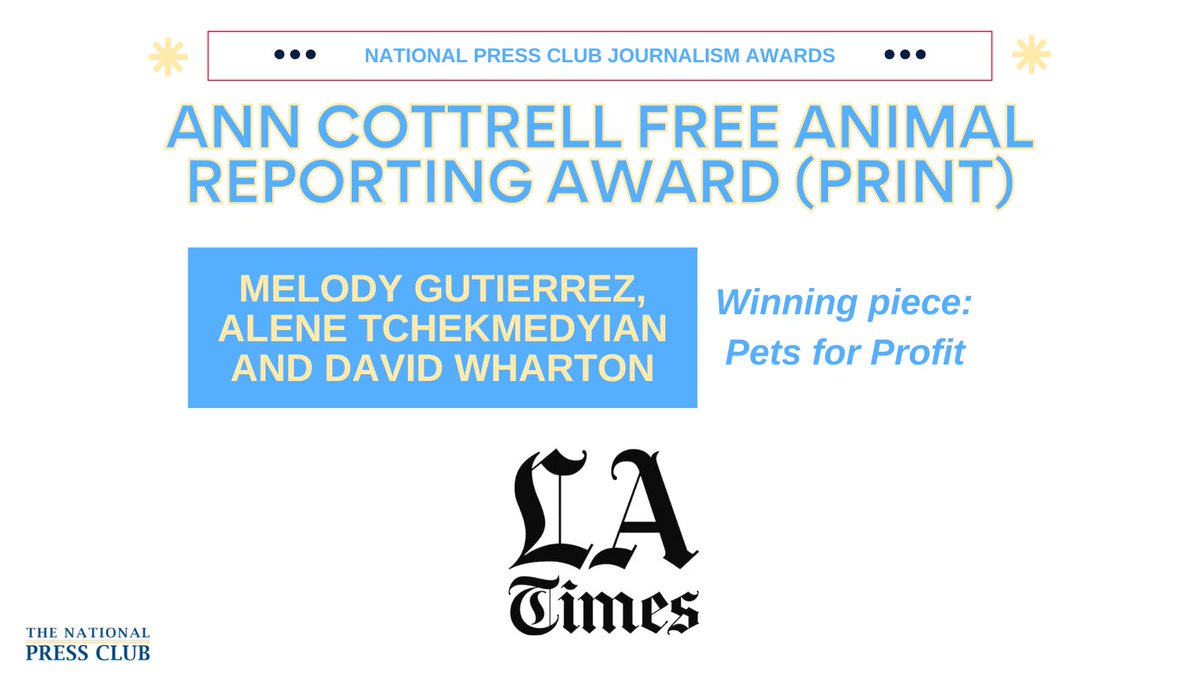 National Press Club (@pressclubdc) on Twitter photo Congratulations to <a href="/MelodyGutierrez/">Melody Gutierrez</a>, <a href="/AleneTchek/">Alene Tchekmedyian</a>, and David Wharton of the <a href="/latimes/">Los Angeles Times</a> for winning the Ann Cottrell Free Animal Reporting award (print)! Congratulations to <a href="/MelodyGutierrez/">Melody Gutierrez</a>, <a href="/AleneTchek/">Alene Tchekmedyian</a>, and David Wharton of the <a href="/latimes/">Los Angeles Times</a> for winning the Ann Cottrell Free Animal Reporting award (print)!