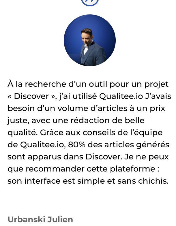 Qualitee.io, des contenus qui font la différence (@qualiteeio) on Twitter photo Nouveau retour client, 80 % des articles de Qualitee ont performé sur #googlediscover ! Venez vous aussi tester, des crédits sont offerts lors de l'inscription sur demande ! Merci <a href="/MagPleineForme/">PleineForme</a> ! Nouveau retour client, 80 % des articles de Qualitee ont performé sur #googlediscover ! Venez vous aussi tester, des crédits sont offerts lors de l'inscription sur demande ! Merci <a href="/MagPleineForme/">PleineForme</a> !