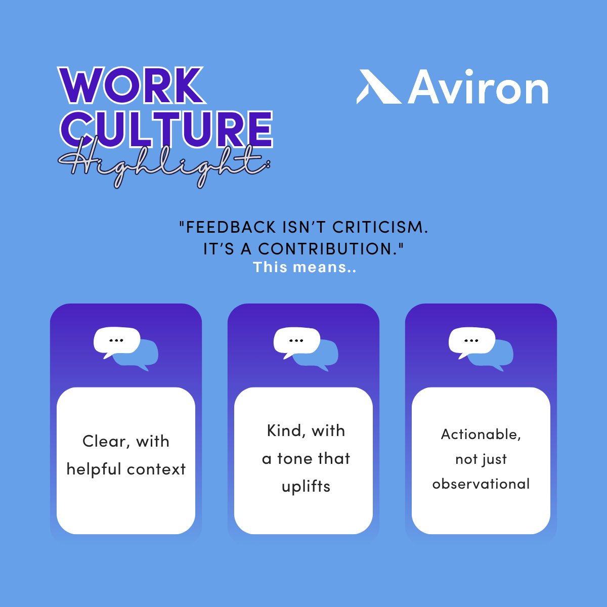 At Aviron, we give feedback that builds
Clear. Kind. Helpful. Every time.
That’s how we grow, together.
#Aviron #TeamCulture #BuildBetter