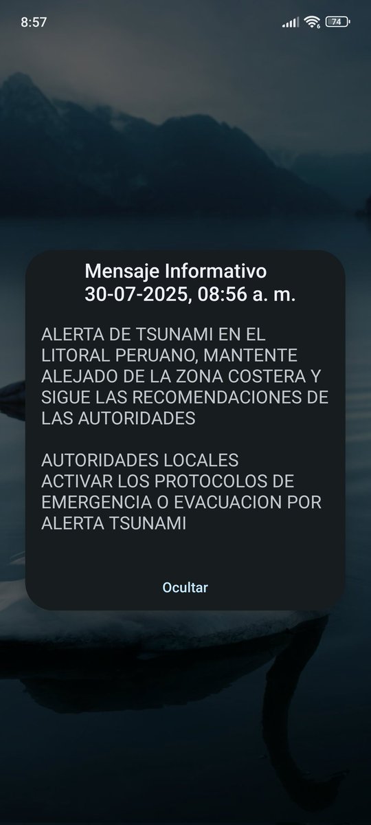 Esta fue la alerta preventiva que emitió Defensa Civil hace unos minutos. ¿A alguien más le llegó?  Creo que su sistema solo funciona con algunos ciudadanos y con otros no. 

.
.
.
#tsunami alerta de tsunami urgente marina de guerra