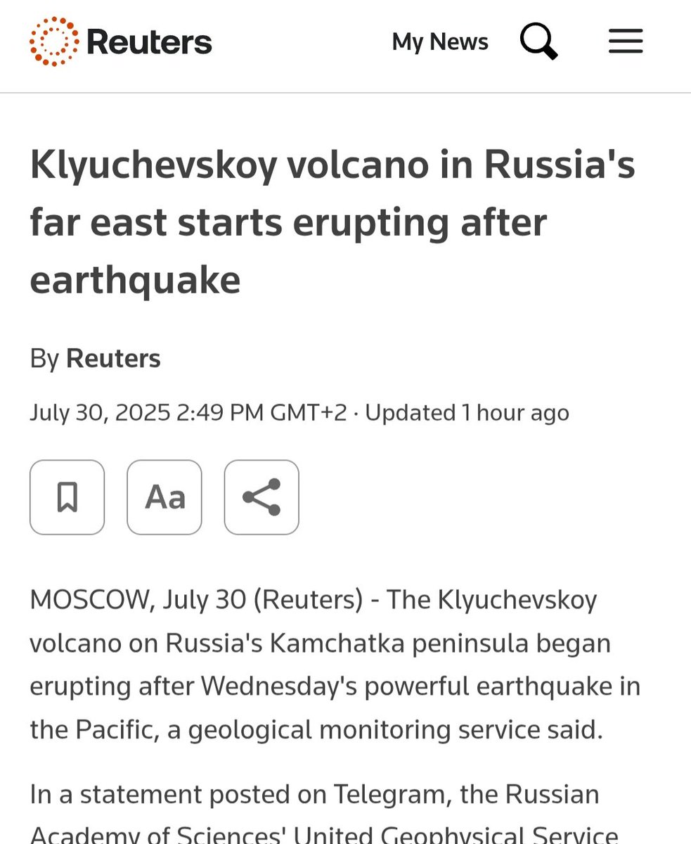 The 8.8‑magnitude earthquake triggered the Klyuchevskoy volcano in Russia. 

These are all signs of the geophysical event and the geomagnetic excursion.