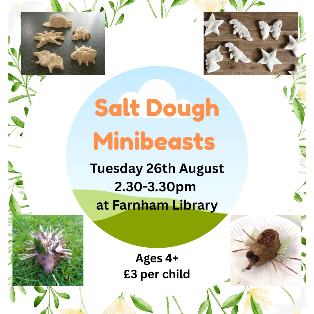 FarnhamLibrary's tweet image. Create your own incredible creatures from prepared salt dough and other materials! 🐞🦔🦋🐍

Ages 4+, £3 per child. Please book at the library or email farnham.library@surreycc.gov.uk

@SurreyLibraries @FarnhamCraft 

#FarnhamLibrary #SurreyLibraries #Farnham #FarnhamCraftTown