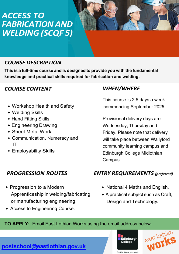 Spaces still available on full time Access to Fabrication and Welding with EL Works and Edinburgh College.
Please email us with your interest and we’ll be in touch to arrange a call to give more information. Open to all ages but must have left school.