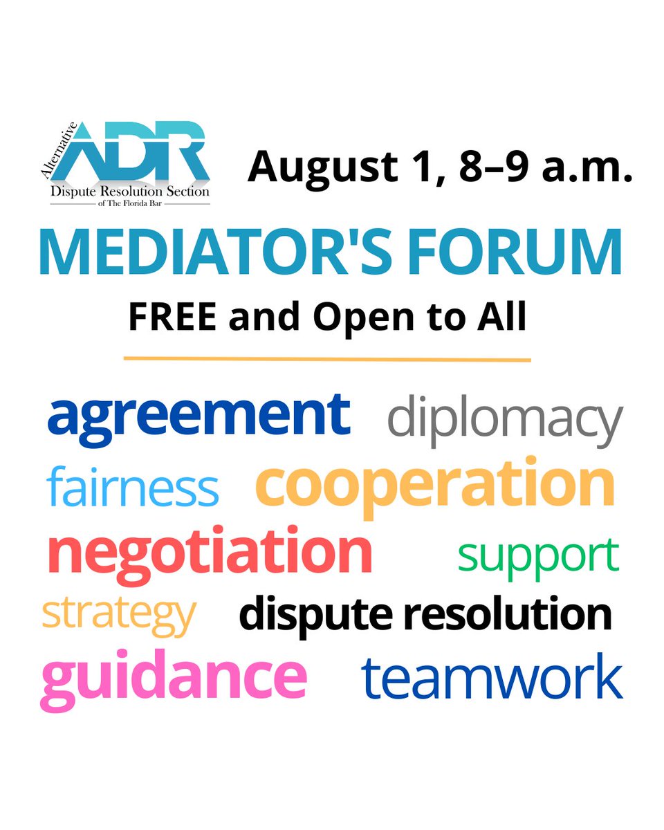 Join us on August 1 from 8-9 AM for a FREE Mediator’s Forum open to all! 

Learn more: bit.ly/46WsUKu 

#Mediation #AIinADR #MediatorForum #ContinuingEducation #CMEcredit #DisputeResolution #LegalTech