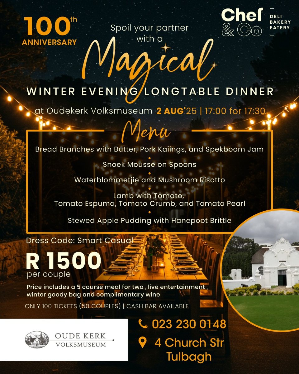 Honouring 100 years of heritage.

Tulbagh’s beloved Oude Kerk Volksmuseum marks its 100th anniversary this weekend, and you’re invited.

Join us for three days of music, markets, a magical longtable dinner under the stars, shared memories and small-town magic.

📅 1–3 August 2025