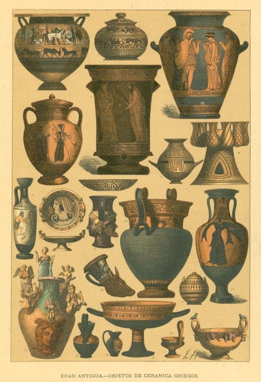 Illustrations of pottery titled, "Edad antigua. Objetos de ceramica Griegos" (1894). Illustrated by Friedrich Hottenroth. 📷NYPL Digital Collection