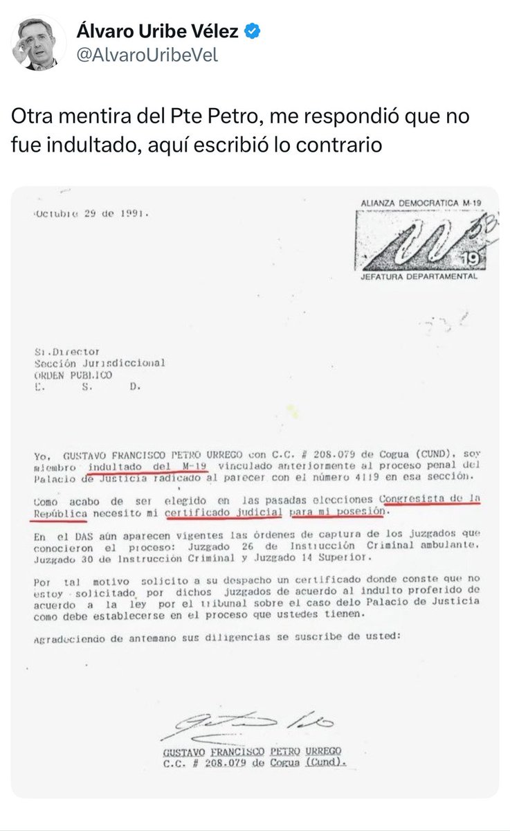 #Atención |  🟡 El expresidente Álvaro Uribe desmintió al presidente Gustavo Petro y reveló un documento que comprueba que el actual mandatario sí fue indultado tras haber estado en el M-19.