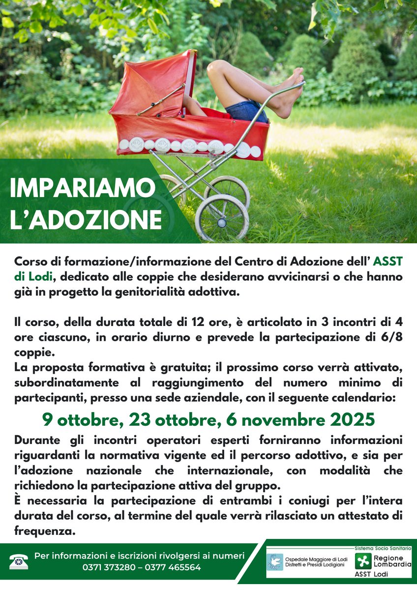 📢 Ritorna "Impariamo l'adozione". Corso gratuito per coppie interessate alla genitorialità adottiva.

Per info e iscrizioni: 0371 373280 - 0377 465564 👇
