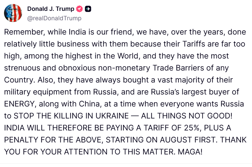 docpawan30's tweet image. Breaking: 25% Tariffs imposed on India. More than expected. Markets on thin line. News out so could market bottom in a day or two?