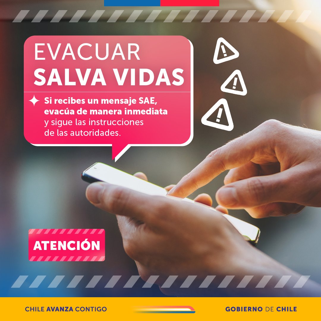 Ante la alerta por #tsunami, evacuar a tiempo permite salvar vidas. En caso de recibir un mensaje de evacuación del Sistema de Alerta de Emergencia (SAE), trasládate a un lugar seguro a pie y evita el uso de vehículos.