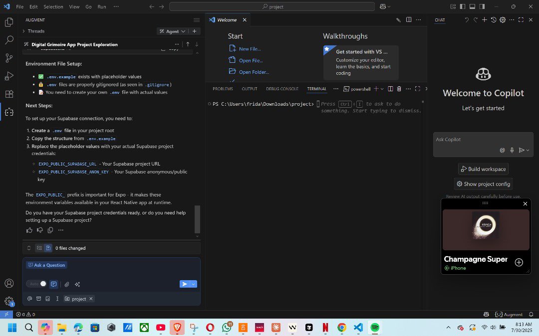 AYioh13175's tweet image. Building my magical 🧙♂️ app with React Native + Supabase — and Augment Code is guiding every spell.
.env config? Done.
Let’s summon this app into reality. ⚡📱
#buildinpublic #ReactNative #AugmentCode #Supabase #DevTools #IndieDev
