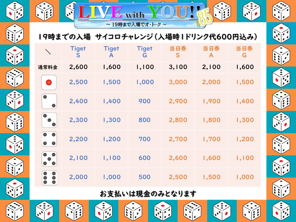 【LIVE with YOU!!】#85　～ 19時まで入場でオ・ト・ク ～
当日キターッ（7/31）#異世界アイドルシアター

ご出演者様の体調不良キャンセル連絡なし7組様👍
お得なTiget予約を15:59まで緊急延長中⤴️
tiget.net/events/416994

当日券は開場時ご予約のお客様入場後に受付で現金販売🎟️

#アイドル #上野