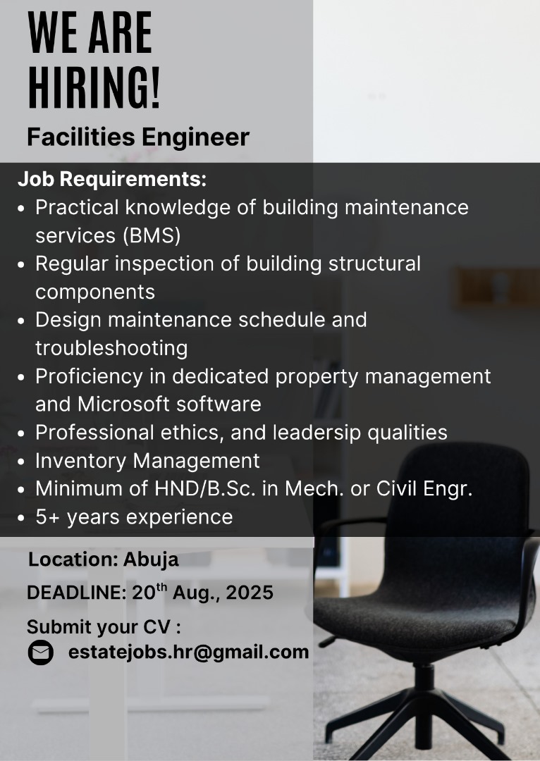 ukarox's tweet photo. Facilities Engineer is needed to oversee and optimize building maintenance operations. This is a high-impact role requiring regular engagement with high net-worth clients, Building Maintenance Services, and ability to lead both people and processes. 

#Engineer #Hiring #JobsinAbj https://t.co/lwoKRcEpry