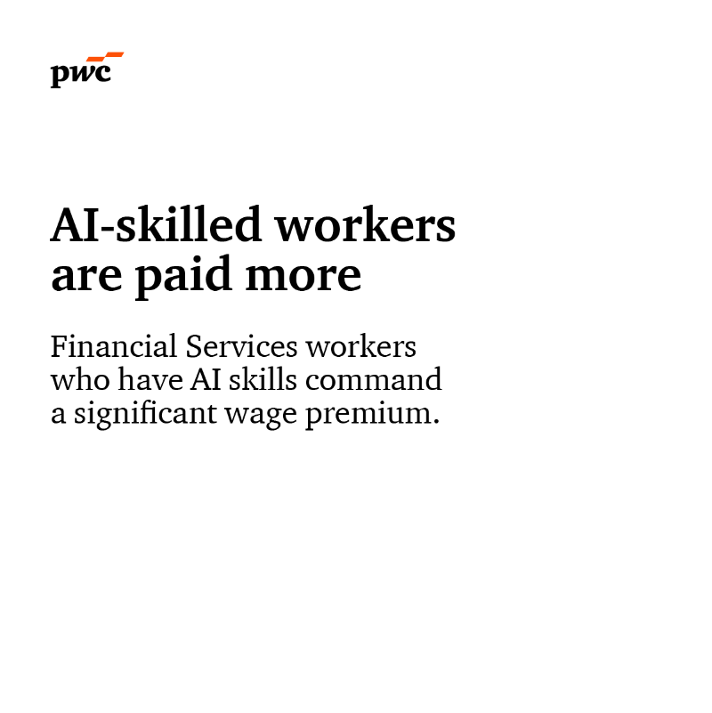 PwC's tweet photo. AI is reshaping #FinancialServices. In 2024, 5.1% of jobs required AI skills—well above average.
Learn how AI is transforming roles and creating new ones in our latest report: https://t.co/a6VPeXqpUa #AIJB
