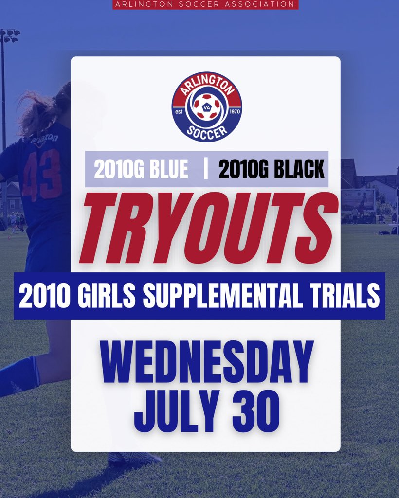 Tryout today!

Arlington Soccer is hosting additional tryouts this evening for our 2010 Girls Blue &amp; Black teams!

⚠️ This round of trials is also open to players born in 2011!

Please fill out the registration form using the link 🔗 tr.ee/Z6rRqOb9YC

#ArlingtonSoccer