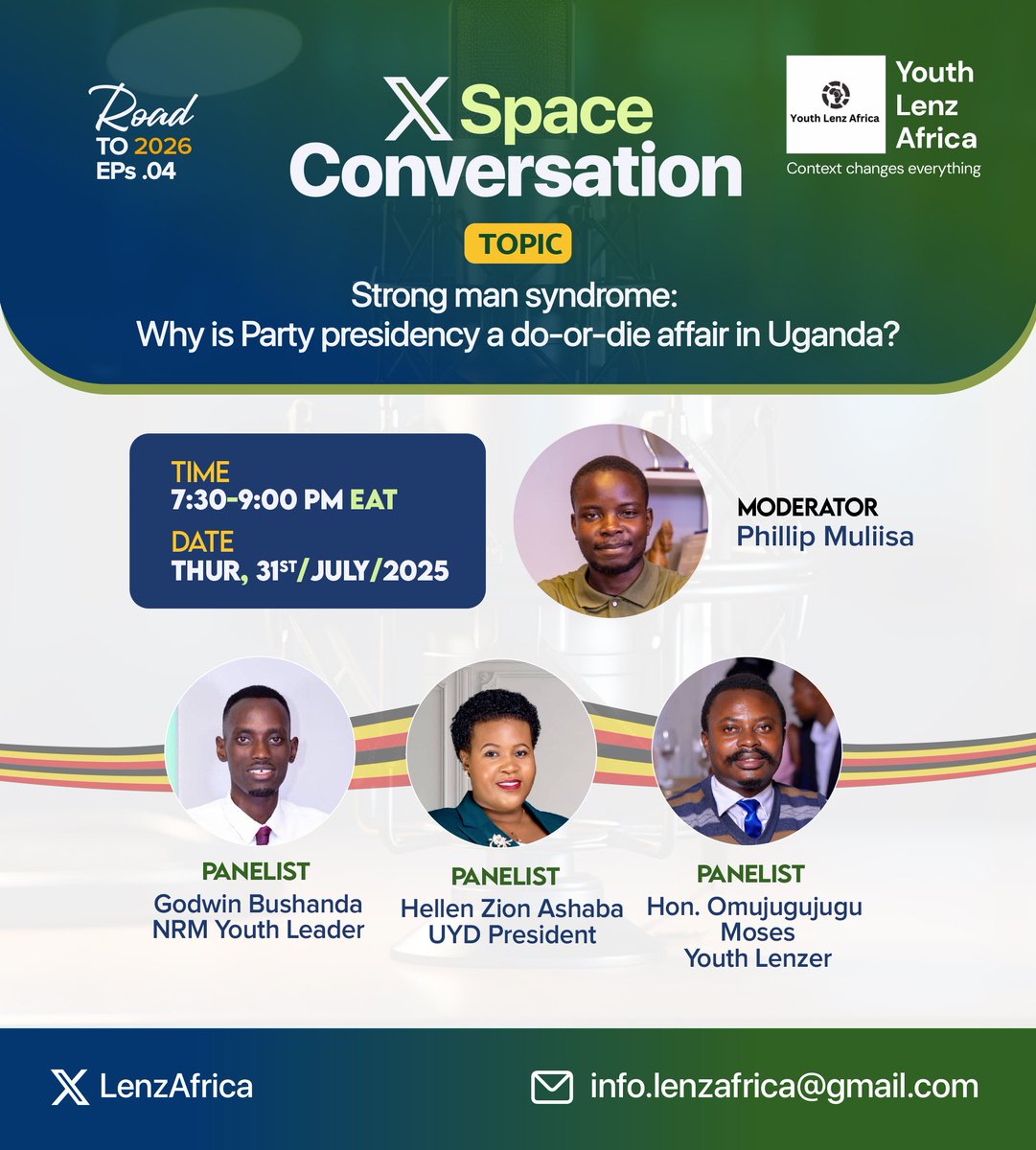 Youth Lenz Africa (@lenzafrica) on Twitter photo 🇺🇬 Road to 2026: Episode 4
✒️ Why do party leaders rarely step aside? 
✒️ Is power in Uganda about ideology—or survival? 
✒️ Should term limits apply within parties, too?
📅 Date: 31st July 2025
🕢 Time: 7.30 PM – 9.00 PM
📍 Where: on X
Link :x.com/i/spaces/1BRJj… 🇺🇬 Road to 2026: Episode 4
✒️ Why do party leaders rarely step aside? 
✒️ Is power in Uganda about ideology—or survival? 
✒️ Should term limits apply within parties, too?
📅 Date: 31st July 2025
🕢 Time: 7.30 PM – 9.00 PM
📍 Where: on X
Link :x.com/i/spaces/1BRJj…