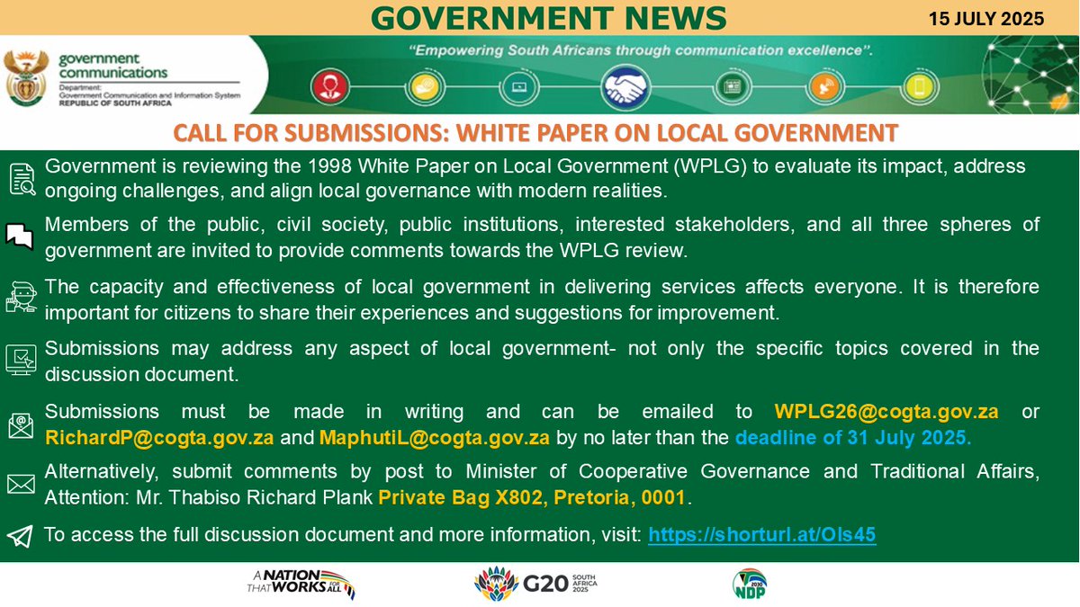 FINAL CALL: Have Your Say on the Future of Local Government!
The deadline to submit your input on the White Paper on Local Government Review is 31 July 2025.