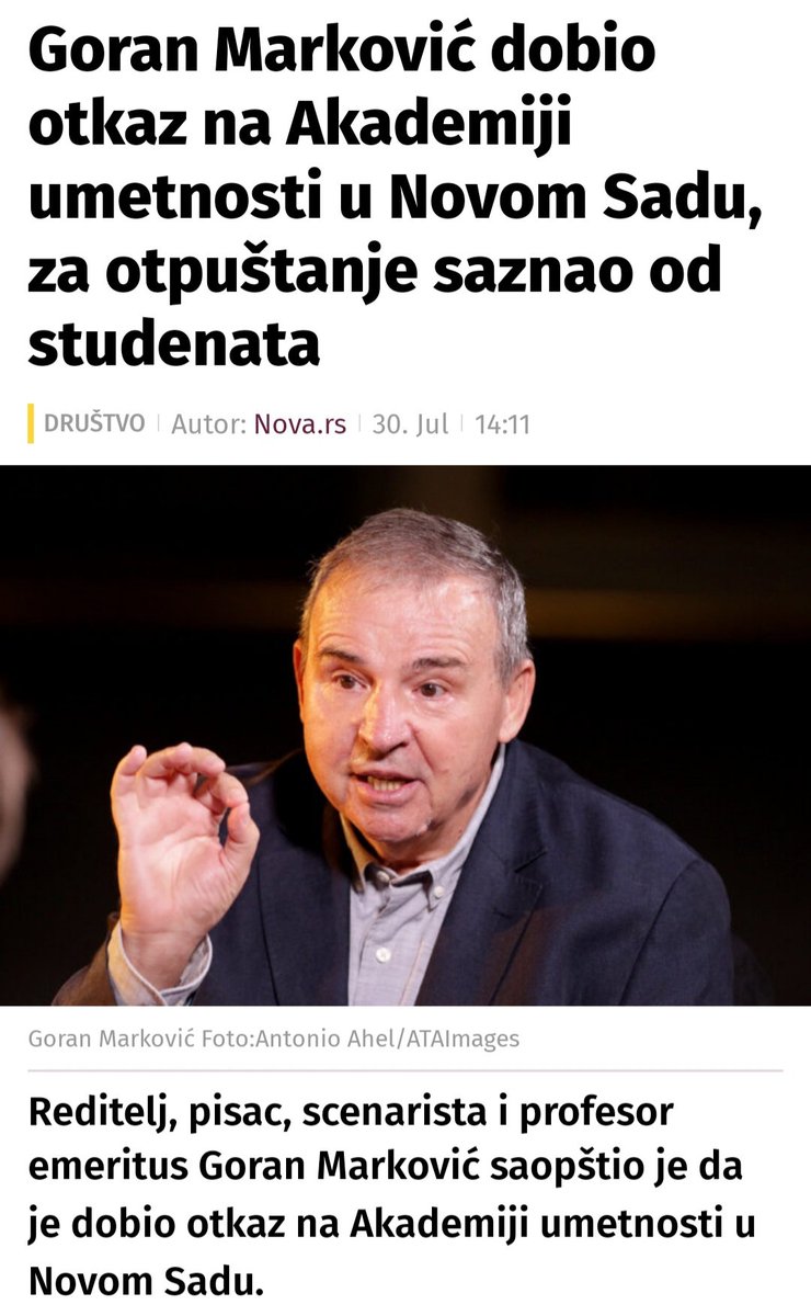 Ovo je velika sramota za Akademiju umetnosti u Novom Sadu. Velika čast i privilegija je popiti kafu sa profesorom emeritusom Goranom Markovićem, a kamoli biti u prilici da ti on predaje na Akademiji i da kod njega doktoriraš. 
Zajedno ćemo se izboriti za društvo u kome će ljudi