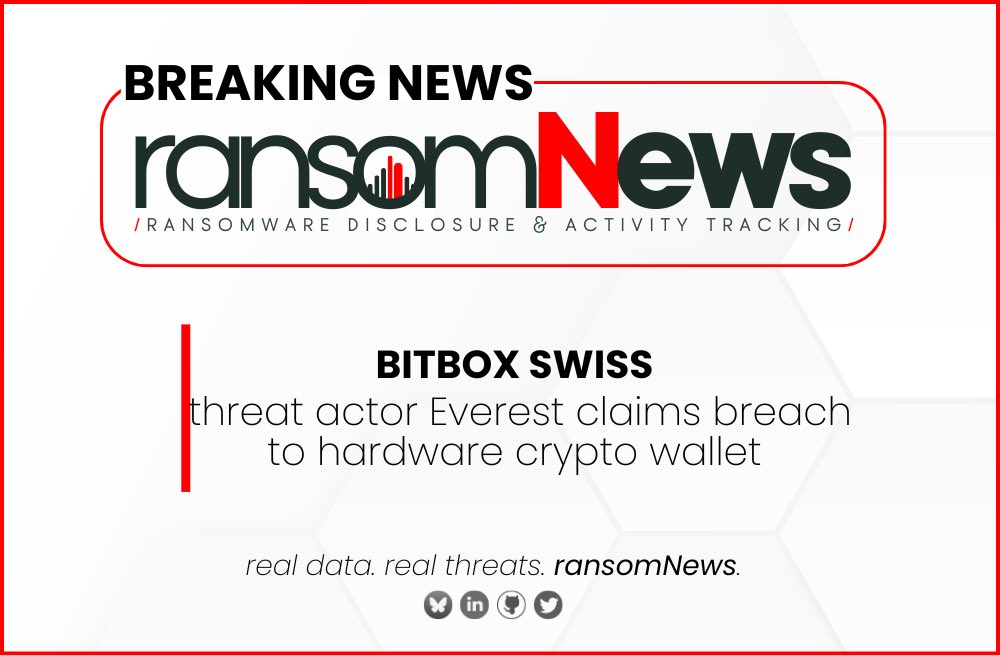 🚨 BREAKING: Bitbox breached

Swiss hardware-wallet company allegedly breached by Everest group.

#ransomNews