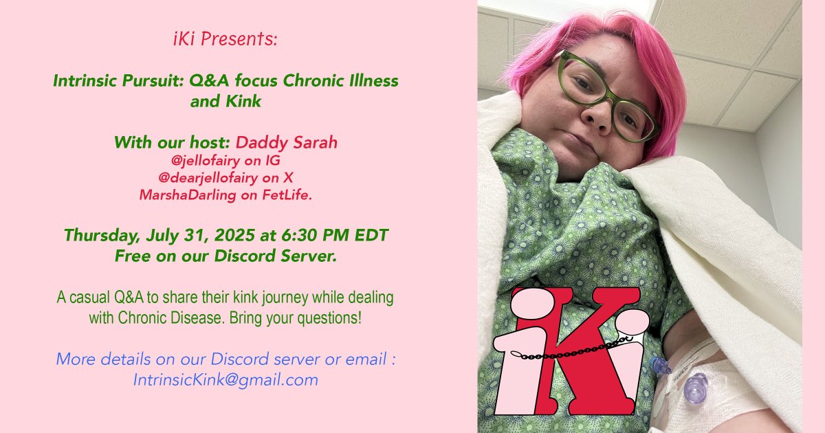 Intrinsic Kink Inc. (@intrinsickink) on Twitter photo Join us tomorrow July 31, 2025 at 6:30 PM Eastern on our Discord Server for a special Q&A with our own <a href="/DearJellofairy/">Marsha Darling โ๏ธ Oasis Aug 28- Sept 1</a> to discuss her battle with Chronic Illness while doing Kink.
Also check out our Resident Pros <a href="/IsabellaDollish/">Isabella Dollish Europe Tour July โ25</a> <a href="/ChatonNyx/">Ava Nyx ๐ค๐ผ</a> and <a href="/NicholeThorneIN/">Nichole Thorne ๐ฅ</a> . Join us tomorrow July 31, 2025 at 6:30 PM Eastern on our Discord Server for a special Q&A with our own <a href="/DearJellofairy/">Marsha Darling โ๏ธ Oasis Aug 28- Sept 1</a> to discuss her battle with Chronic Illness while doing Kink.
Also check out our Resident Pros <a href="/IsabellaDollish/">Isabella Dollish Europe Tour July โ25</a> <a href="/ChatonNyx/">Ava Nyx ๐ค๐ผ</a> and <a href="/NicholeThorneIN/">Nichole Thorne ๐ฅ</a> .