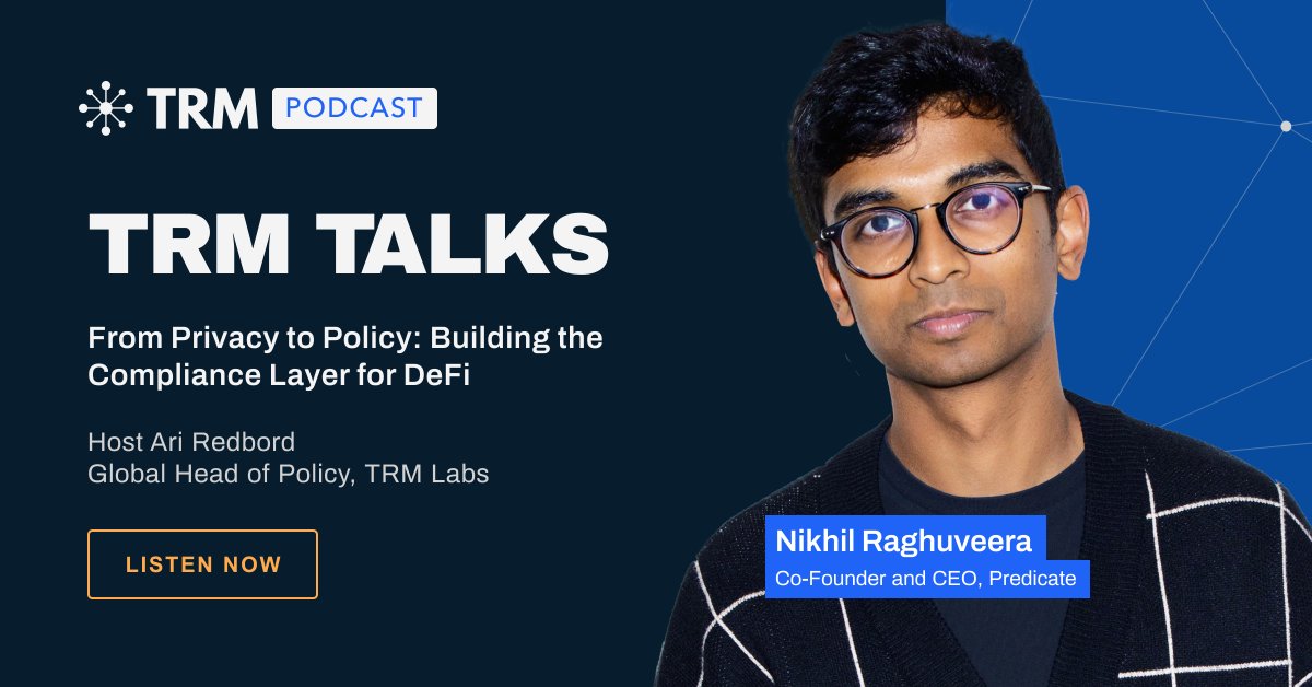 TRM Labs (@trmlabs) on Twitter photo In our latest #TRMTalks, <a href="/pumpernikhil/">Nikhil Raghuveera</a> (<a href="/0xPredicate/">Predicate</a>) talks to <a href="/ARedbord/">Ari Redbord</a> about why compliance needs to be programmable—and why builders don’t need to sacrifice privacy to meet real-world standards.
🎧 Listen now: hubs.la/Q03zwYqD0 In our latest #TRMTalks, <a href="/pumpernikhil/">Nikhil Raghuveera</a> (<a href="/0xPredicate/">Predicate</a>) talks to <a href="/ARedbord/">Ari Redbord</a> about why compliance needs to be programmable—and why builders don’t need to sacrifice privacy to meet real-world standards.
🎧 Listen now: hubs.la/Q03zwYqD0